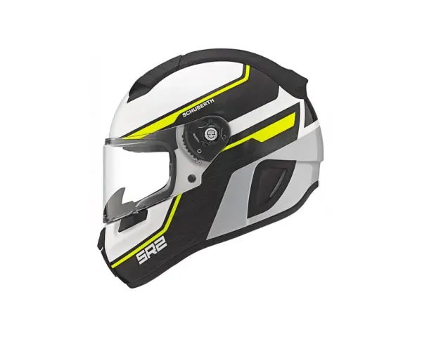 Casco Schuberth S2 blanco con detalles en amarillo y gris. Opiniones positivas sobre su seguridad y comodidad.