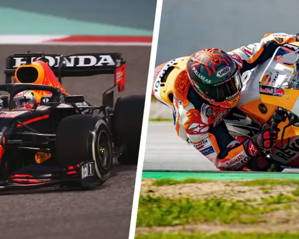 Un coche de F1 y una moto de MotoGP compiten en la pista. La velocidad y la adrenalina de F1 vs MotoGP.