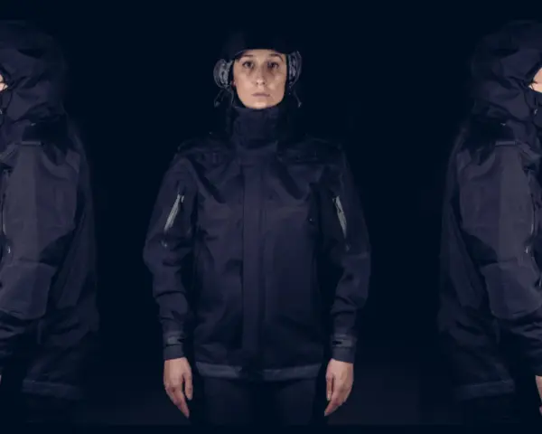 Tres vistas de una mujer con una chaqueta moto miline negra, con capucha y detalles técnicos.