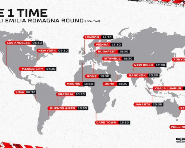 Mapa mundial con el horario superbike de la Race 1 del Pirelli Emilia Romagna Round, mostrando horas locales en varias ciudades.