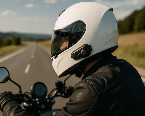 Motociclista con casco blanco y un intercomunicador moto legal, disfrutando de un viaje por carretera.