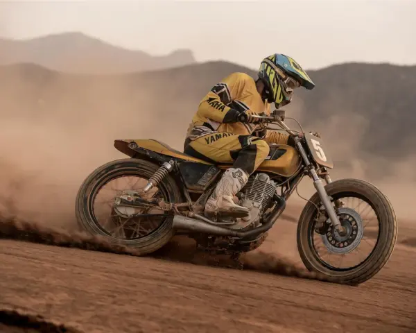 Piloto con casco y traje amarillo compite en una moto por una **dirt track**, levantando polvo en un paisaje desértico.