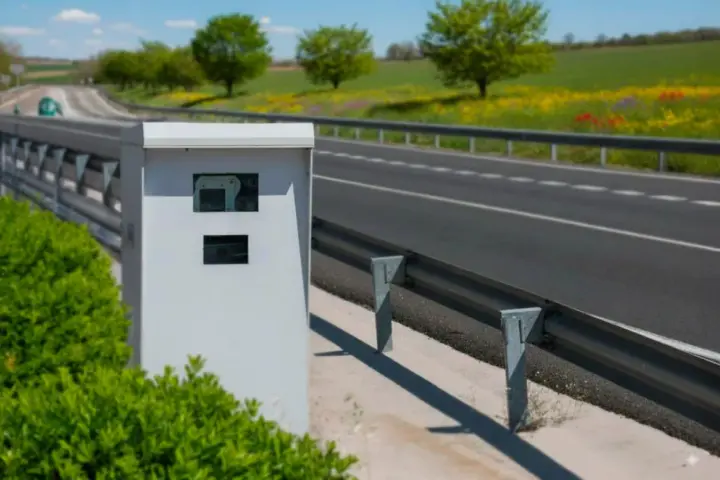 Caja blanca de nuevos radares DGT junto a una carretera con guardarraíl y campo verde al fondo.