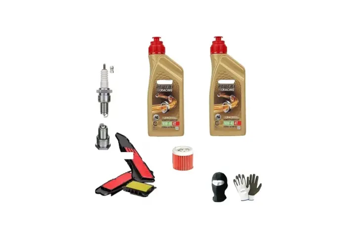 Aceite Honda Forza 125 y repuestos: bujías, filtros de aire y aceite, pasamontañas y guantes.