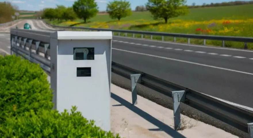 Caja blanca de nuevos radares DGT junto a una carretera con guardarraíl y campo verde al fondo.