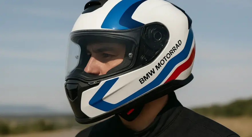 Casco de moto BMW Motorrad con diseño tricolor, listo para rodar con los modelos de motos BMW.