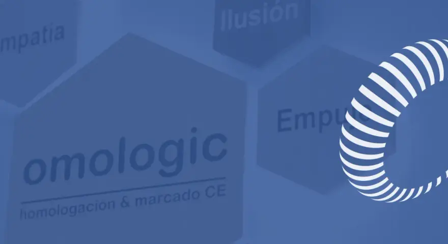 Logo "omologic" con texto "homologación & marcado CE". Fondo azul con hexágonos que dicen "Empatía", "Ilusión" y "Empu".
