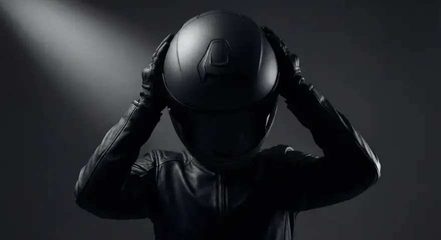 Persona con casco negro y chaqueta de cuero, lista para la carretera. ¿Shoei vs Arai? La elección es tuya.
