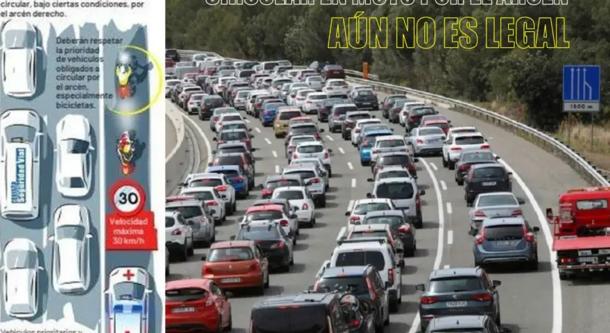 Un atasco kilométrico en la autopista. La imagen muestra que circular en moto por el arcén aún no es legal, a pesar de la tentación de esquivar el tráfico.