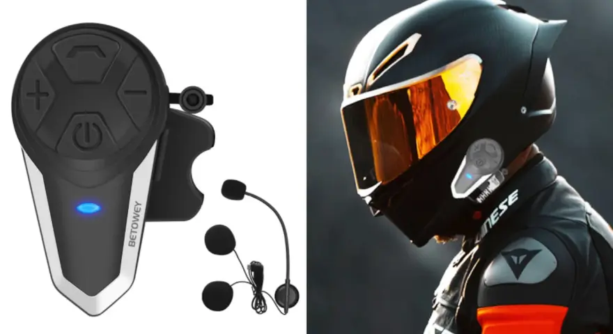 Guía visual para saber como poner intercomunicador en casco de moto. Dispositivo y casco con visor naranja.