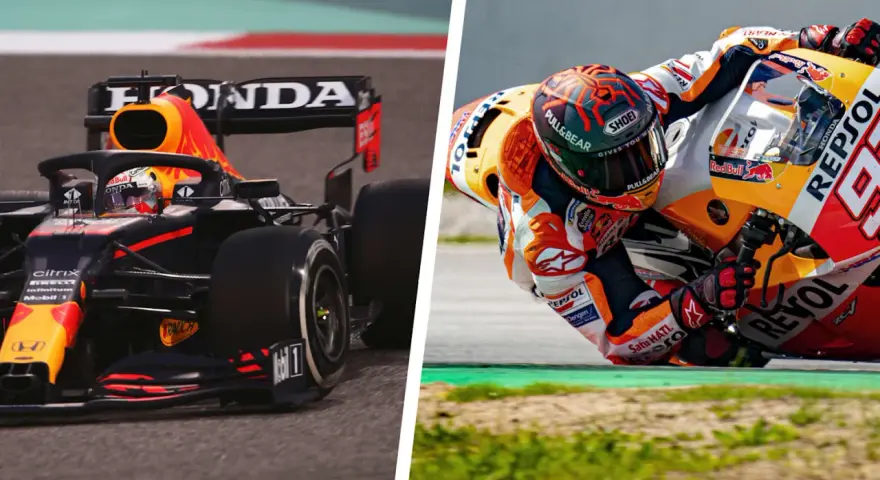 Un coche de F1 y una moto de MotoGP compiten en la pista. La velocidad y la adrenalina de F1 vs MotoGP.