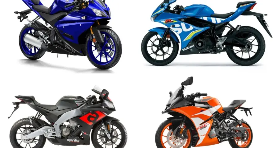 Cuatro motos deportivas: Yamaha azul, Suzuki azul, Aprilia negra y naranja KTM RC 125 marchas.