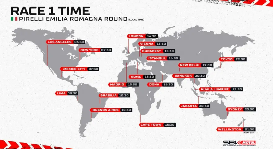 Mapa mundial con el horario superbike de la Race 1 del Pirelli Emilia Romagna Round, mostrando horas locales en varias ciudades.