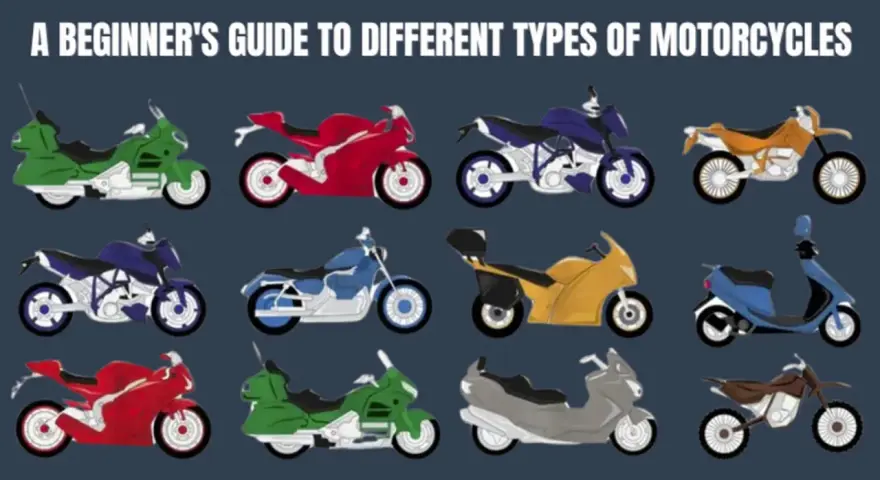 Guía para principiantes sobre diferentes estilos de motos: deportivas rojas, touring verdes, custom azules, y más.