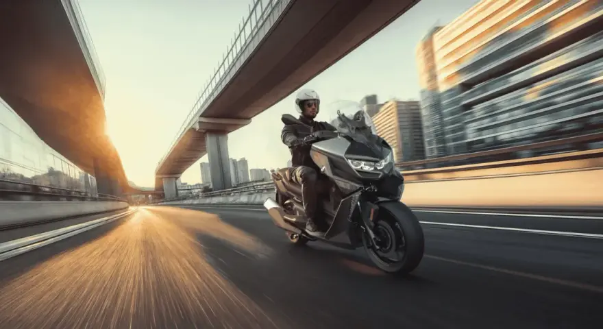 Hombre en moto moderna, ideal para **motos para principiantes**, circulando por una autopista urbana al atardecer.