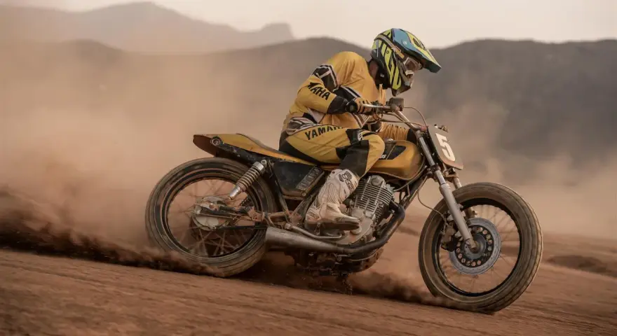 Piloto con casco y traje amarillo compite en una moto por una **dirt track**, levantando polvo en un paisaje desértico.