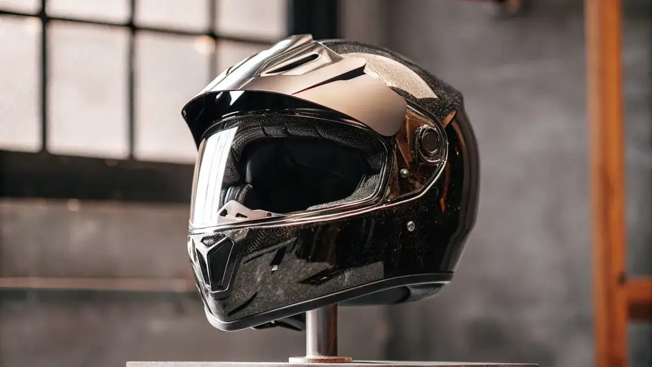 Casco de moto caro, negro brillante con detalles plateados, visera y ventilaci&oacute;n futurista.