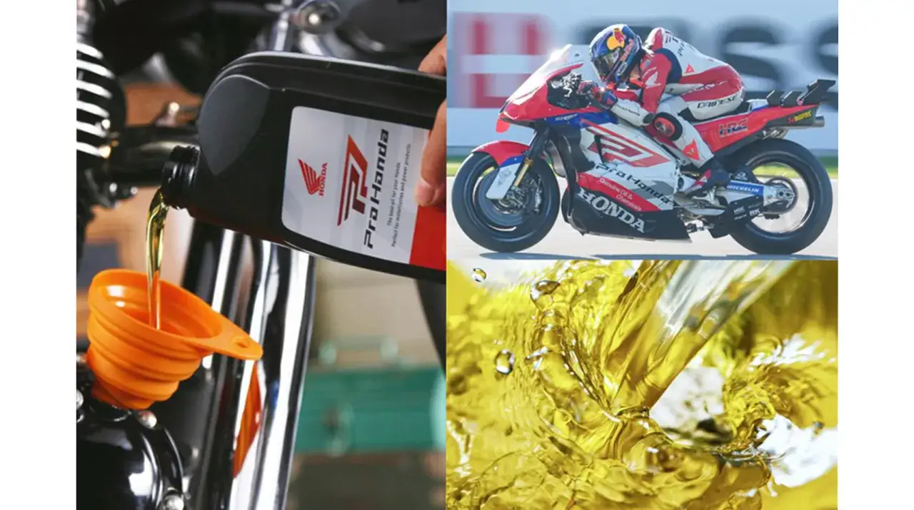 Aceite Honda Forza 125 vertiéndose en un embudo naranja. En la parte superior derecha, una moto de carreras Honda. Abajo, un primer plano de aceite dorado.
