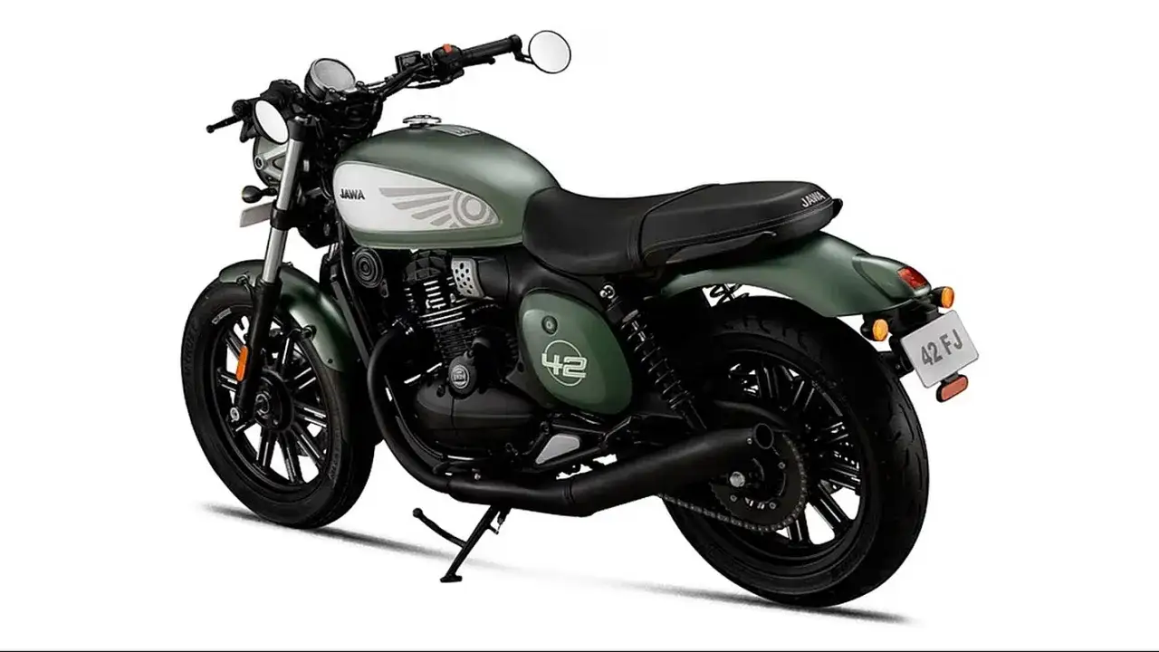 Jawa motos verde con detalles blancos y el número 42 en el lateral. Diseño clásico y elegante.