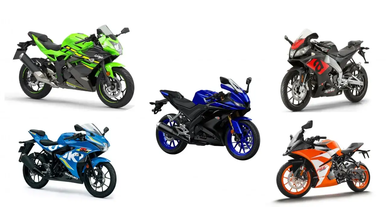 Cinco motos deportivas: Kawasaki Ninja verde, Yamaha azul, Aprilia negra, Suzuki azul y KTM naranja. ¿Cuál será la moto 125 más rápida?