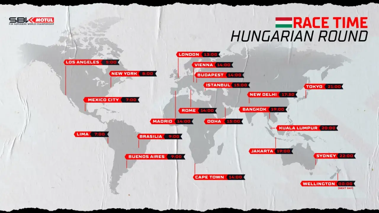Mapa mundial con el horario Superbike del Hungarian Round. Muestra horas de carrera en ciudades como Londres, Nueva York, Tokio y Sídney.