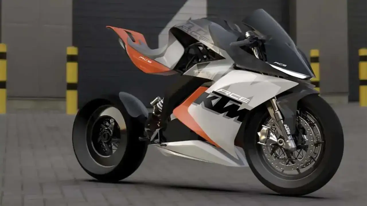 Concepto de moto deportiva Bajaj KTM, con dise&ntilde;o futurista en blanco, naranja y negro.