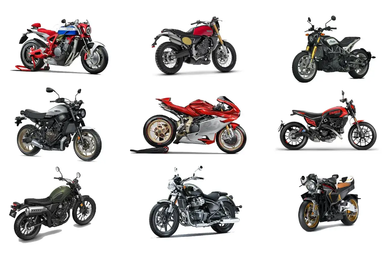 Colección de motos neo retro: deportivas rojas, scramblers, naked y clásicas.