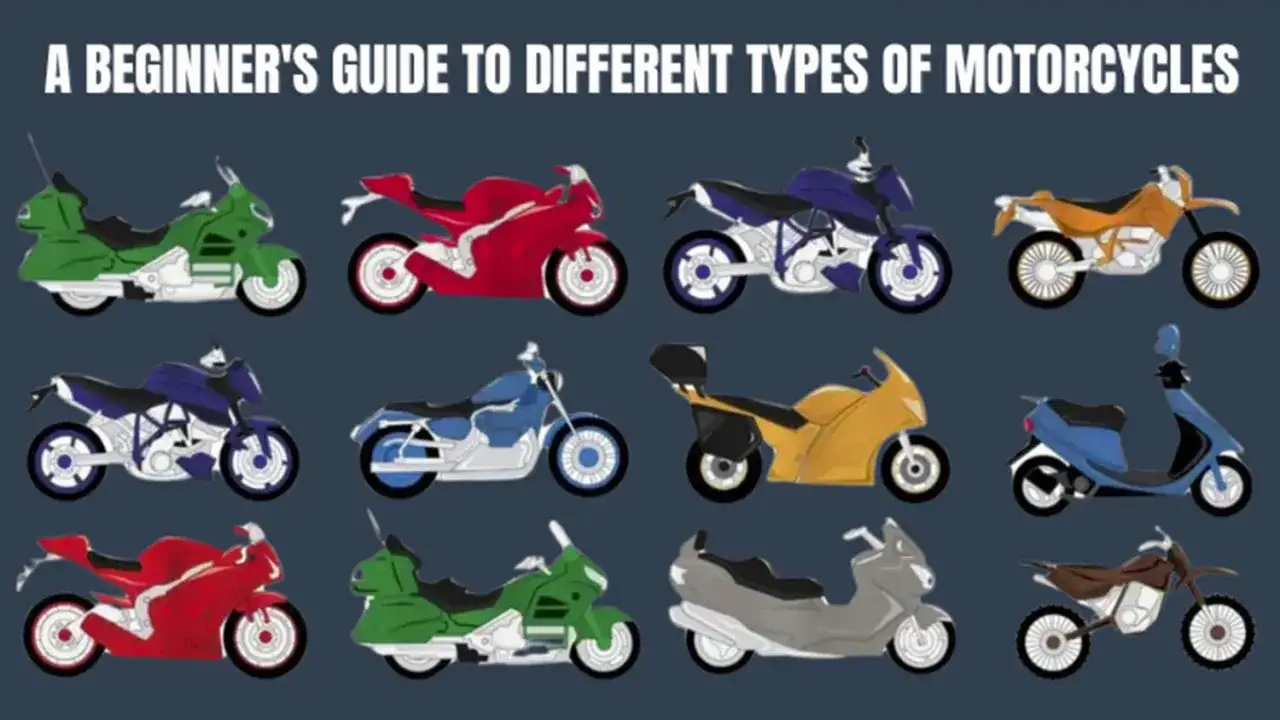 Guía para principiantes sobre diferentes estilos de motos: deportivas rojas, touring verdes, naked azules, cruceros y scooters.