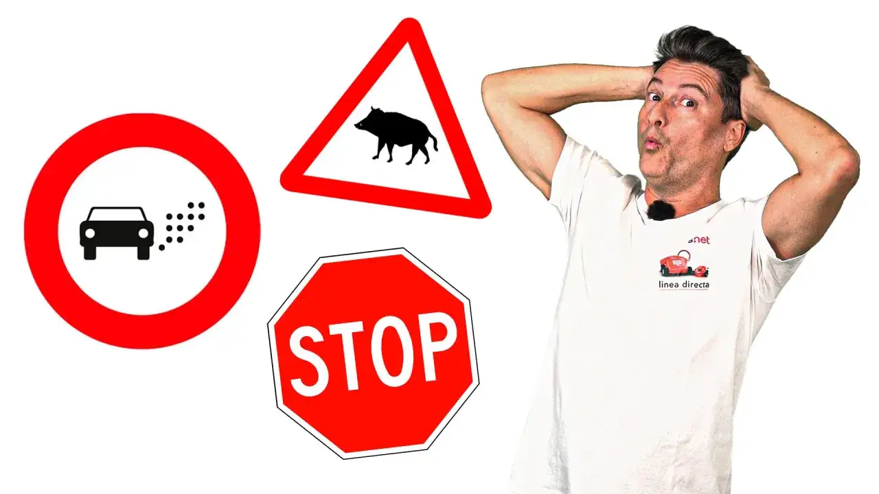 Hombre con las manos en la cabeza, rodeado de señales de tráfico: prohibido pasar, jabalí y stop. ¿Cuánto dura el teórico del A2?