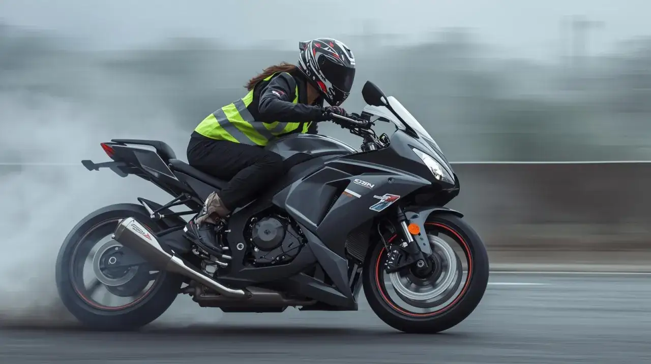 Motociclista con chaleco reflectante, esencial para la seguridad, acelera en una moto deportiva gris.