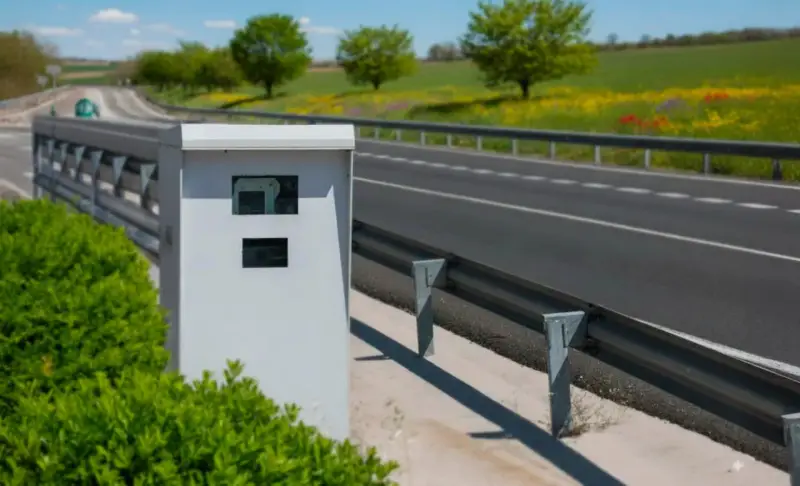 Caja blanca de nuevos radares DGT junto a una carretera con guardarraíl y campo verde al fondo.