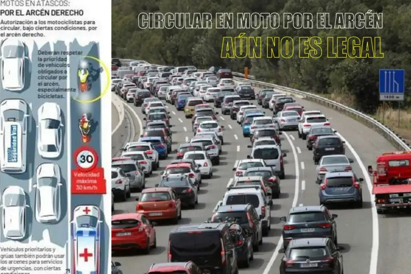 Un atasco kilométrico en la autopista. La imagen muestra que circular en moto por el arcén aún no es legal, a pesar de la tentación de esquivar el tráfico.