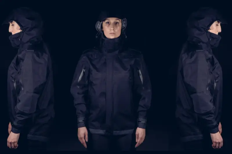 Tres vistas de una mujer con una chaqueta moto miline negra, con capucha y detalles técnicos.